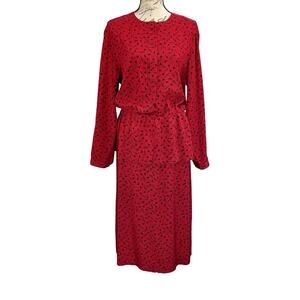 Vintage 1980s Red & Black Handmade Chiffon Blouson Secretary Dress Size 8 Medium